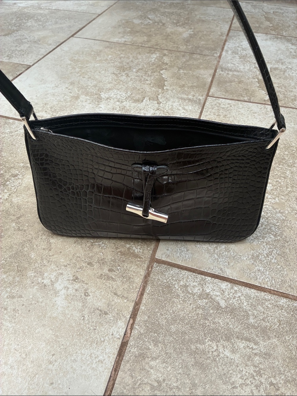 Longchamp Black Croc-Embossed Shoulder Bag with Silver Toggle - Picture 8 of 10